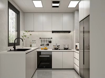 Modern White Kitchen Interior With Clean Countertop Cabinets And Stainless Steel Appliances 3d model