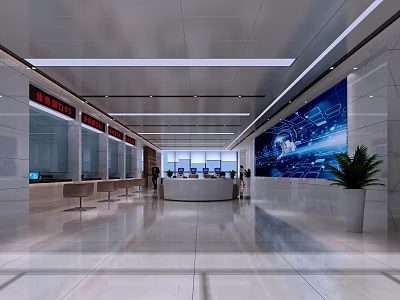 Modern Service Hall Interior With Service Counter Digital Screen Waiting Seats And Green Plants 3d model
