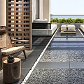 Modern Home Balcony Featuring Wooden Lattice Outdoor Sofa Leisure Chair Tiled Floor And Scenic View