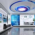 Modern Exhibition Hall With Digital Screens Industrial Images Circular Windows And Interactive Displays
