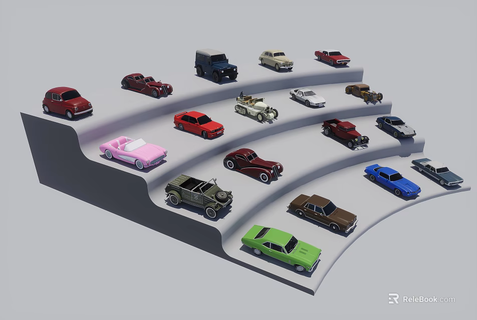 Colorful Car Models In Various Styles On Multi Tiered Display Stand 3d model