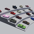 Colorful Car Models In Various Styles On Multi Tiered Display Stand 3d model