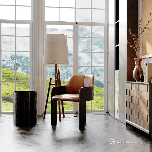 Inflatable Chair In Room Interior With Floor Lamp Window And Green Mountain View 3d model 