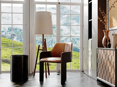 Inflatable Chair In Room Interior With Floor Lamp Window And Green Mountain View 3d model