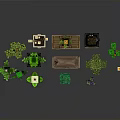 Pixel Art Scene Components Featuring Green Plants Tables Boxes And Decorative Elements