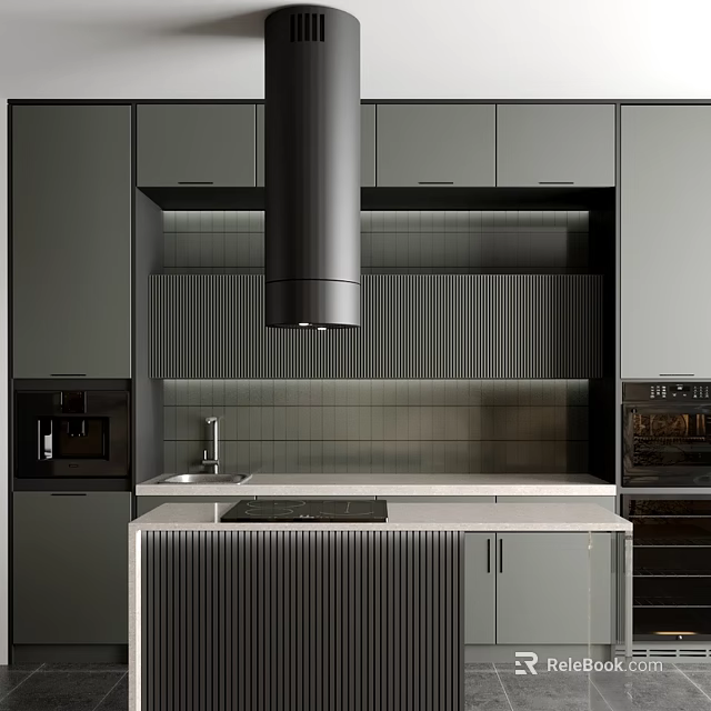 Gray Cabinets In Modern Kitchen Interior With Ribbed Backsplash Black Range Hood And Island 3d model 