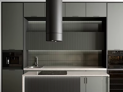 Gray Cabinets In Modern Kitchen Interior With Ribbed Backsplash Black Range Hood And Island 3d model