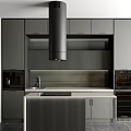 Gray Cabinets In Modern Kitchen Interior With Ribbed Backsplash Black Range Hood And Island