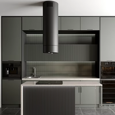 Gray Cabinets In Modern Kitchen Interior With Ribbed Backsplash Black Range Hood And Island 3d model