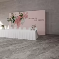 Elegant Wedding Welcome Setup With Pink Backdrop Flowers And White Table 3d model