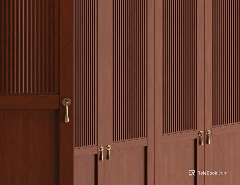 Modern Wooden Wardrobe Doors With Slatted Panels And Brass Handles In Interior Design 3d model 