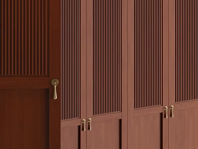 Modern Wooden Wardrobe Doors With Slatted Panels And Brass Handles In Interior Design 3d model