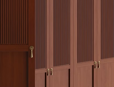 Modern Wooden Wardrobe Doors With Slatted Panels And Brass Handles In Interior Design 3d model