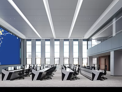 Spacious Modern Control Room Interior With Ergonomic Workstations Large Screen And Windows 3d model