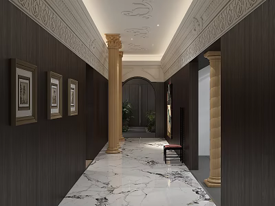 Elegant Office Corridor With Dark Wood Walls Golden Columns Ornate Ceiling And Marble Flooring 3d model
