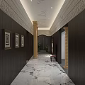 Elegant Office Corridor With Dark Wood Walls Golden Columns Ornate Ceiling And Marble Flooring