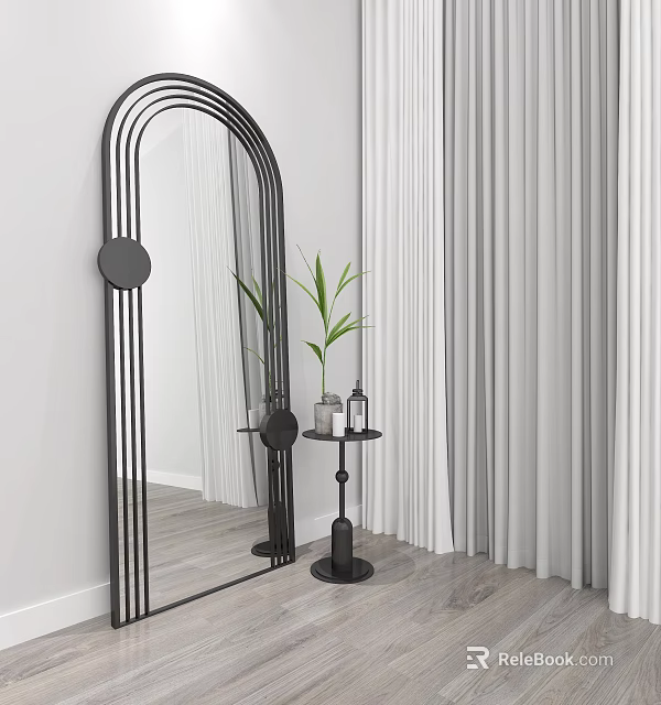 Stylish Black Arched Mirror With Small Side Table Plant And White Curtains In Modern Room 3d model 