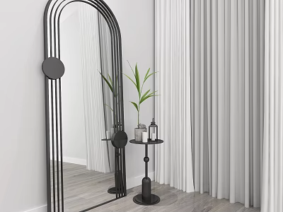 Stylish Black Arched Mirror With Small Side Table Plant And White Curtains In Modern Room 3d model