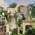 Outdoor Banquet Hall with Floral Decorations Arches and Grass Lawn Setting