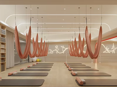 Spacious Aerial Yoga Fitness Studio With Hanging Hammocks And Aligned Mats 3d model