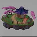 Traditional Pavilion on Floating Island with Blue Roof Pink Trees Red Bridge and Green Grass