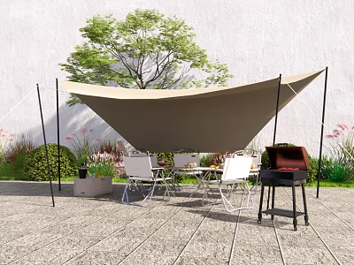 Outdoor Table And Chair Set With Canopy Grill And Green Plants On Stone Patio 3d model