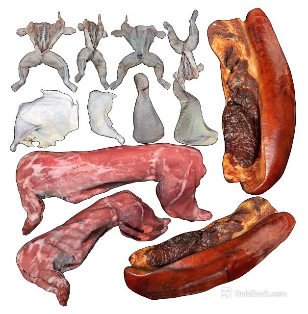 Various Types of Raw and Processed Meat Cuts Including Sausages and Fresh Cuts 3d model 
