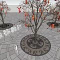 Tranquil Square Landscape With Trees Adorned Red Lanterns Circular Tree Pits And Stone Paving 3d model