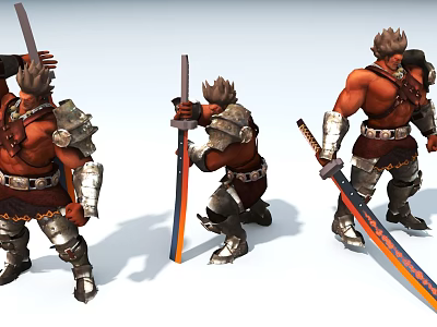 Muscular Game Movie Warrior Character With Metal Armor And Sword Axe In Different Poses 3d model