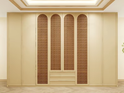Beige Wardrobe With Arched Lattice Doors In Modern Minimalist Room Design 3d model