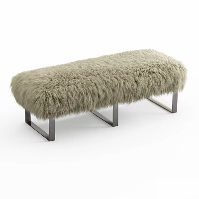Modern Light Beige Faux Fur Upholstered Bench with Sturdy Metal Legs Design 3d model