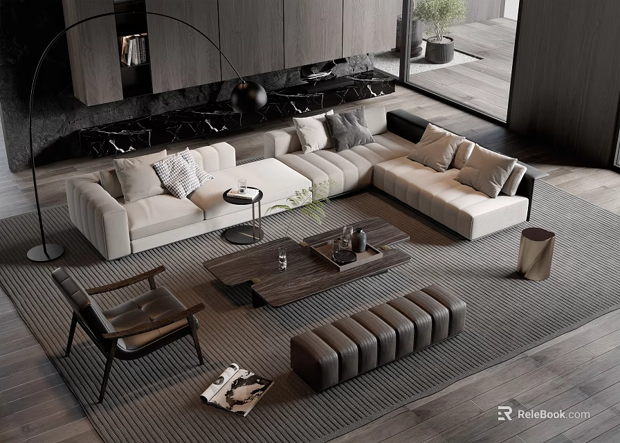 Modern Living Room Sofa Coffee Table Set With Beige Upholstery Wooden Table And Area Rug 3d model 