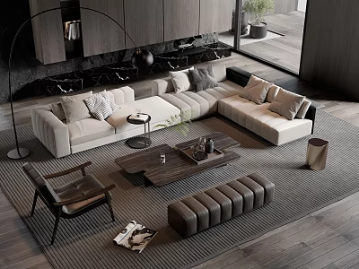 Modern Living Room Sofa Coffee Table Set With Beige Upholstery Wooden Table And Area Rug 3d model
