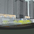 Modern Commercial Street With High Rise Buildings Pedestrians Green Trees And Skywalk