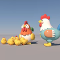 Colorful Roosters With Red Combs And Flock Of Yellow Baby Chicks As Flying Animals