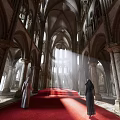 Religious Faith Inspired Cathedral Interior With Vaulted Ceilings Sunlight And Red Carpet