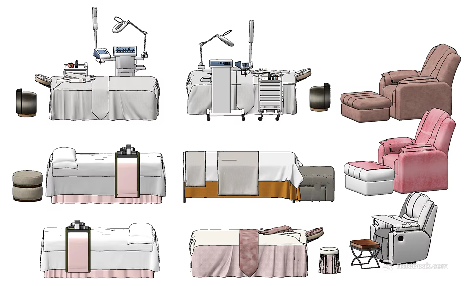 Professional Massage Tables With Various Designs For SPA Salon Including Stools And Equipment 3d model 