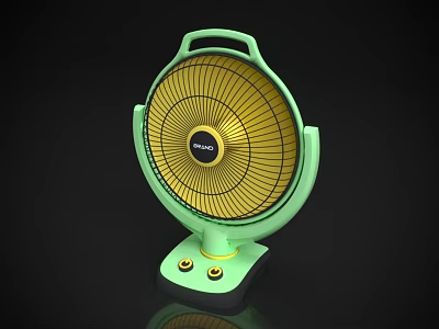 Green Household Electric Fan With Yellow Blades And Base Knobs Design 3d model