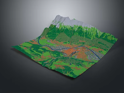 3D Landscape Map Featuring Mountains Green Vegetation River And Urban Area 3d model