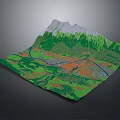 3D Landscape Map Featuring Mountains Green Vegetation River And Urban Area