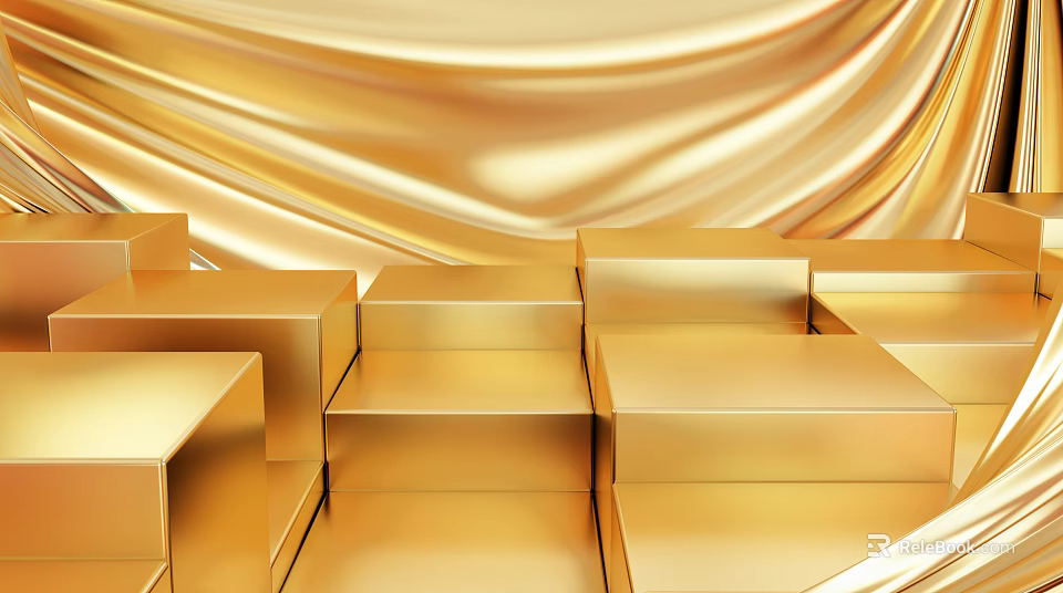 Golden Commercial Equipment Display With Stacked Cubes And Silk Background 3d model 