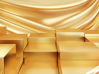 Golden Commercial Equipment Display With Stacked Cubes And Silk Background 3d model