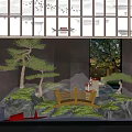 Traditional Chinese Indoor Landscape With Pine Trees Rock Formations Wooden Bridge Stone Lanterns And Mist