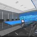Modern Conference Room with Long Table Blue Surface Laptop and City Night View Large Screen