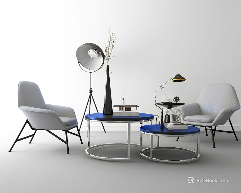 Modern Casual Sofa Set With White Lounge Chairs Blue Round Tables And Floor Lamp 3d model 