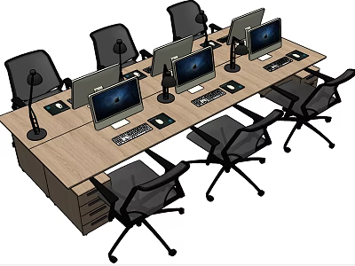 Wooden Office Desk Setup With Multiple Computer Monitors Office Chairs And Microphones 3d model