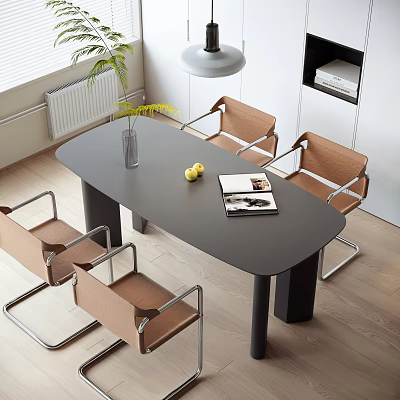 Modern Dining Table Set With Oval Gray Table Brown Upholstered Chairs Vase Lemon And Magazine 3d model