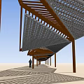 Garden Landscape Design With Geometric Wooden Canopy Structure And Standing Person