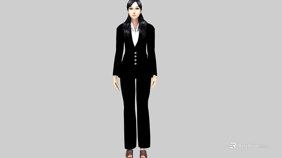 Professional Woman In Black Suit With White Shirt And Brown Shoes 3d model 