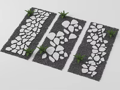 Stepping Stones Path With White Stones Black Gravel And Small Green Plants 3d model